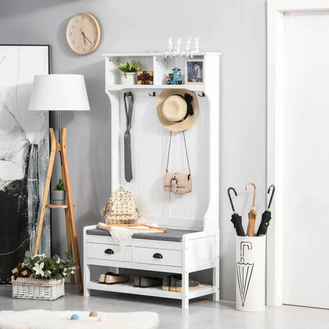 Rootz Wardrobe With Bench - Coat Hooks Wardrobe - 4 Coat Hooks - 2 Drawers Wardrobe - Modern Wardrobe Design - Storage and Seating Solution - White + Gray - 89L x 42W x 172H cm