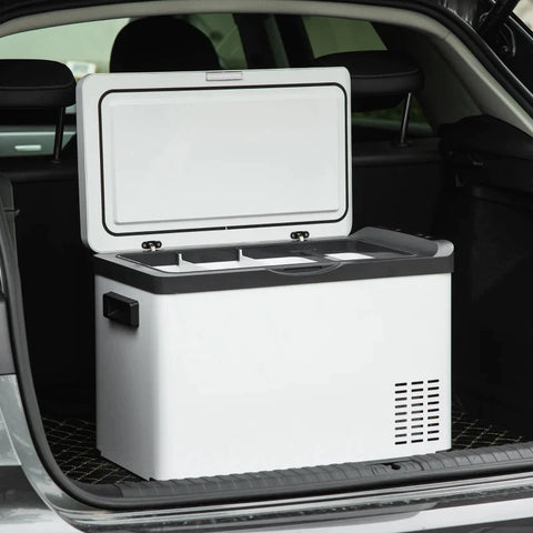 Rootz Car Cooler Box - 30L with LCD Display - Compressor - Car Fridge - Electric Boat Camper - Travel - 12/24V DC and 110-240V AC - White - 61L x 32W x 40H cm