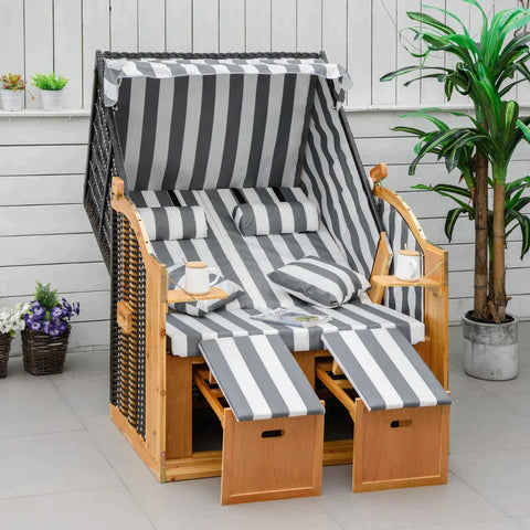Rootz Beach Chair - Double Sun Lounger With Roof - Double Lounger With Cup Holders - Chaise Longue - 5-level Backrest - PE Rattan - Gray + White - 118 x 79 x 160 cm