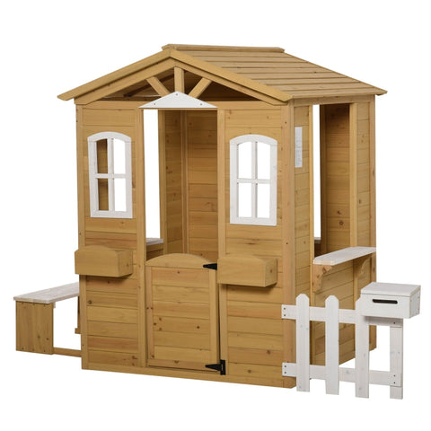 Rootz Children's Playhouse - Wooden Outdoor Playhouse - Garden Playhouse With Flower Pot Rack - Fence Bench - Fir Wood - Nature/white - 204 x 107 x 140 cm