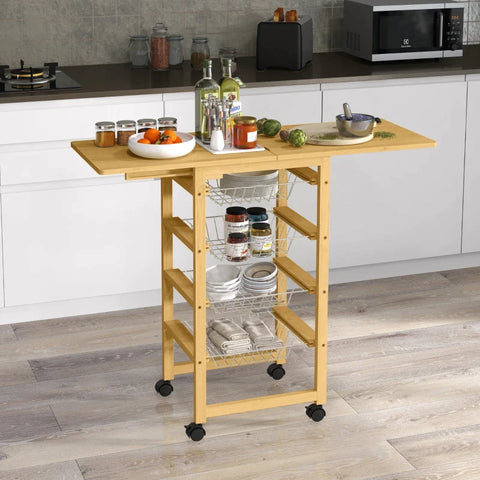 Rootz Kitchen Trolley - 4 Storage Baskets - Extendable Table Top - 4 Wheels - Bamboo - Vegetable Horde - Stainless Steel - Natural - 101L x 37W x 89.8H cm