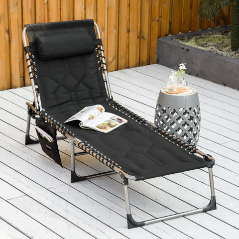Rootz Sonnenliege – faltbare Sonnenliege – Gartenliege – mit Kissen – 5-stufig verstellbar – Rückenlehne – Stahl/Oxford-Stoff/Schaum – Schwarz – 188 x 57 x 30 cm
