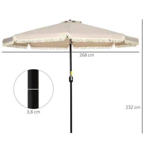 Rootz Parasol - Patio Umbrella - With Fringes - Tiltable - With Hand Crank - Steel + Polyester - Khaki - Ø268 x 232 cm
