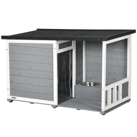 Rootz Massief Houten Hondenkennel - met 2 Voerbakken - Veranda - Weerbestendig - Grijs + Wit - 103cm x 62cm x 66cm