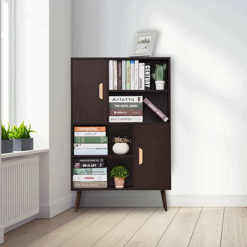 Rootz Standing Shelf - Sideboard -  Bookshelf - Free Standing Bookcase Shelves - Storage Cabinet - Wooden Leg - 2 Doors 5 Compartments - Walnut - 80 cm x 23.5 cm x 123 cm