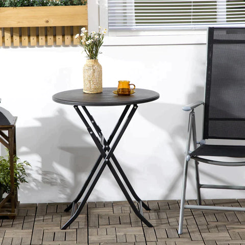Rootz Garden Table - Round - Foldable - For 2 People - Wood Look - Steel + Plastic - Dark Grey - 60 x 60 x 73 cm