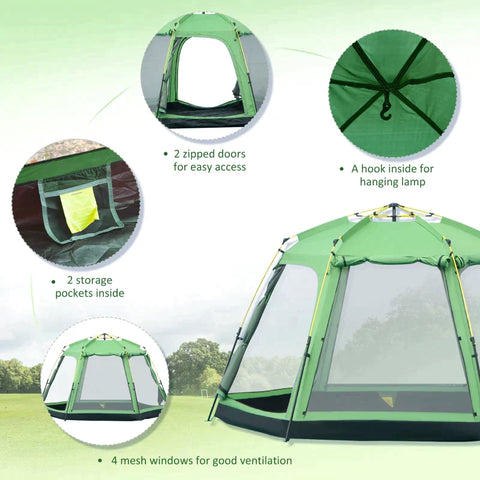 Rootz Tent - 6 Person Tent - Pop Up Camping Tent - Camping Tent - 2-tier Design Backpacking Tent - With 4 Windows 2 Doors - Green - 320 x 320 x 180 cm