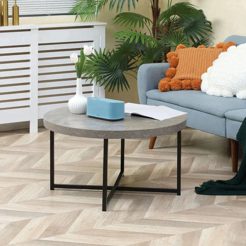 Rootz Couchtisch – Beistelltisch – Rund – Zementoptik – Metallrahmen – Schwarz – 80 x 80 x 45 cm