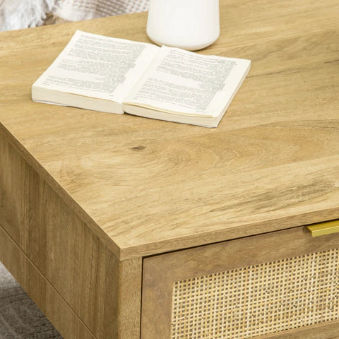 Rootz Couchtisch – Beistelltisch – TV-Bank – Wiener Netzoptik – 1 Schublade 1 Schrank – Spanplatte, Rattan – Naturholz – 110 cm x 59 cm x 41 cm