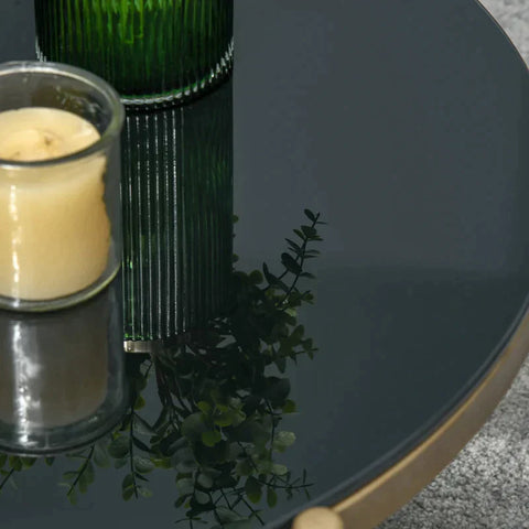 Rootz Couchtisch – runder Couchtisch mit Platte aus gehärtetem Glas – goldene Metallbeine – Akzent-Cocktailtisch für Wohnzimmer