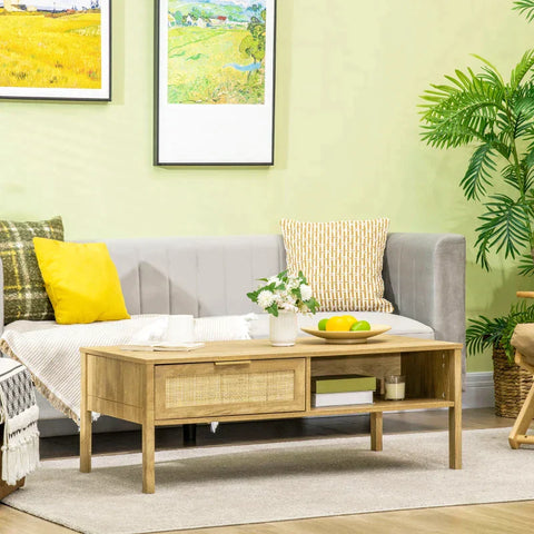 Rootz Couchtisch – Beistelltisch – TV-Bank – Wiener Netzoptik – 1 Schublade 1 Schrank – Spanplatte, Rattan – Naturholz – 110 cm x 59 cm x 41 cm