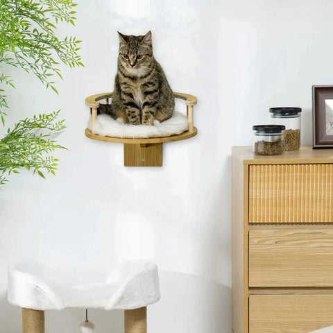 Rootz Wall Lounger - Cat Bed - With Protective Border - Lounger Cushion - For Wall Mounting - Oak + Cream White - 34 x 34 x 10.5 cm