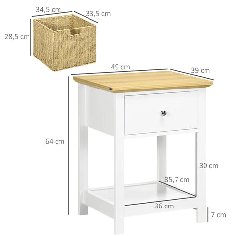 Rootz Bedside Table - Drawer and Storage Basket - Side Table - Nightstands - MDF - White + Natural - 49cm x 39cm x 6Hcm