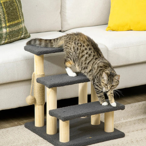 Rootz Scratching Post - Cat Tree - 3-layer Kitty Ladder - Cat Climbing Toy - Cat Tower - With Ball Toy - Grey - 45 x 40 x 48cm