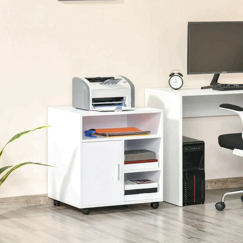 Rootz Printer Stand - Printer Table - Office Trolley - Cabinet Stand - White - 60 cm x 50 cm 65.5 cm