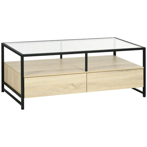 Rootz Coffee Table - Modern Design - 2 Drawers - 2 Shelves - Black Steel Legs - Side Table - Chipboard - Natural + Black - 118L x 58W x 47H cm