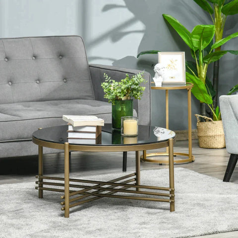 Rootz Couchtisch – runder Couchtisch mit Platte aus gehärtetem Glas – goldene Metallbeine – Akzent-Cocktailtisch für Wohnzimmer