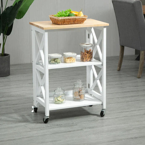 Rootz Kitchen Trolley - Serving Trolley - Kitchen Cabinet - Foldable - MDF/Rubber Wood - White - 60 x 40 x 84 cm
