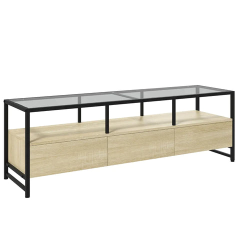 Rootz Tv-meubel - Industrieel Design - 3 Kasten - 3 Open Planken - Glazen blad - Gemakkelijk schoon te maken - Houtmateriaal - Naturel + Zwart - 148L x 40W x 47H cm