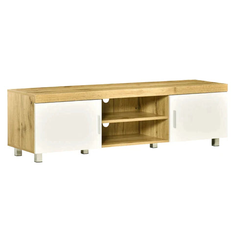 Rootz TV Stand - Lowboard - 2 Cabinets - 2 Shelves - MDF - White + Natural - 140 cm × 40 cm × 41.5 cm