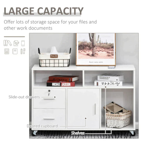 Rootz archiefkast - kantoorkast - kantoorcontainer met wielen - printerstandaard - opbergorganizer met afsluitbare lade - slaapkamer - woonkamer - wit - 100 x 35 x 65 cm