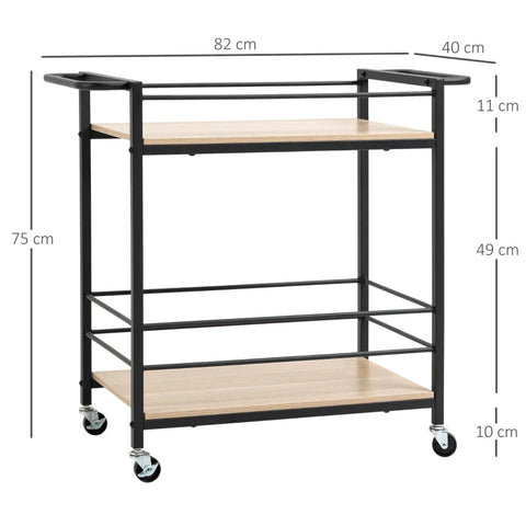 Rootz Kitchen Trolley - Serving Trolley With 2 Shelves - Railing - Steel - Black + Wood - 82 x 40 x 75cm