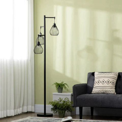 Stehleuchte Rootz – 3 Flammen – Gitterschirm – Fußschalter – E27-Fassung – Metall – Schwarz – 48 x 42 x 175 cm