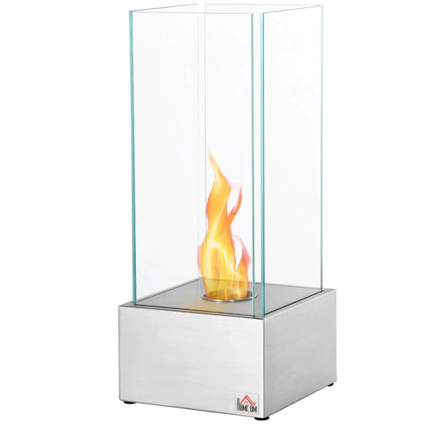 Rootz Ethanol Fireplace - Freestanding - Stainless Steel + Tempered Glass - Silver - 25 x 25 x 60cm