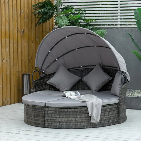 Rootz Poly Rattan Sun Island - Sun Island Foldable Sun Canopy - Seat Cushions - Pillows - Polyester - Grey - 171 cm x 180 cm x 155 cm
