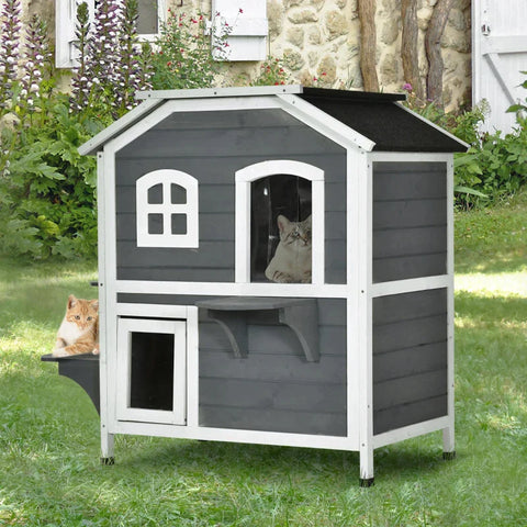 Rootz Kattenhuis - Kattenhut - Kattenhuis met 2 verdiepingen - Waterdicht Kattenhuis - Asfaltdak - Dennenhout - Grijs - 78 x 55,5 x 91 cm