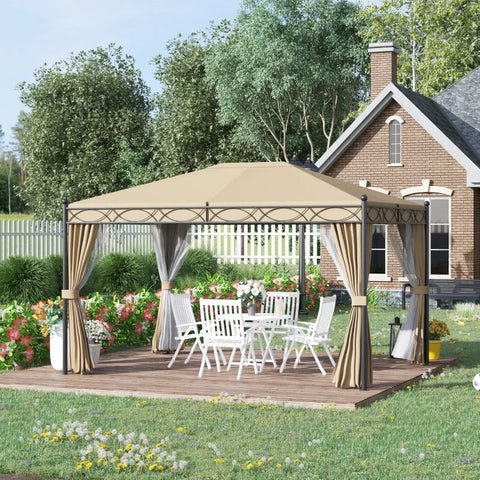 Rootz Gazebo - Gazebo With Side Walls And Mosquito Net - Metal - Polyester - Beige - 4 x 3 m