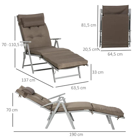 Rootz Garden Lounger - Sun Lounger - Beach Lounger - Foldable - Adjustable - With Cushion - Metal/Fabric - Brown/Silver - 137 x 63.5 x 100.5 cm