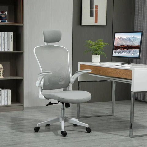 Rootz Bürostuhl – Ergonomischer Schreibtischstuhl mit Wippfunktion – hohe Rückenlehne, Lordosenstütze – Kopfstütze – klappbar – Armlehne – Zuhause – Büro – Grau – 65 x 64 x 114–122 cm