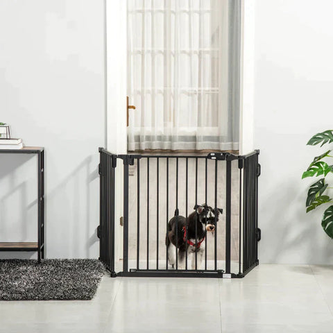Rootz Dog Barrier - Door Gate - Pet Gate - Angle Adjustable - Foldable Configuration Gate with Automatic Closing Door - 3 Panels - Black - 202.5 x 76 cm