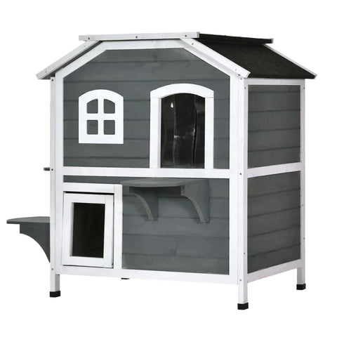Rootz Kattenhuis - Kattenhut - Kattenhuis met 2 verdiepingen - Waterdicht Kattenhuis - Asfaltdak - Dennenhout - Grijs - 78 x 55,5 x 91 cm