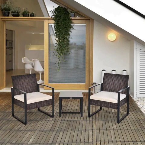 Rootz Seating Group - Seating Lounger - 3-part Set - Coffee Table - Chair - PE Poly Rattan - Metal - Polyester - Brown + Cream - 63 cm x 57 cm x 76 cm