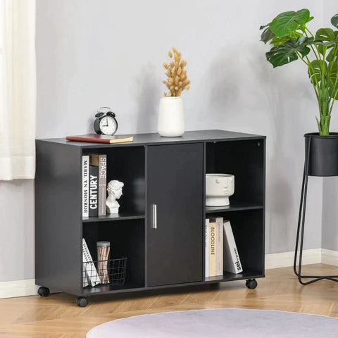 Rootz Printer Table - Printer Stand with Wheels - Filing Cabinet - Office Trolley - Trolley with 4 Compartments 1 Door - Black - 100 x 40 x 71 cm