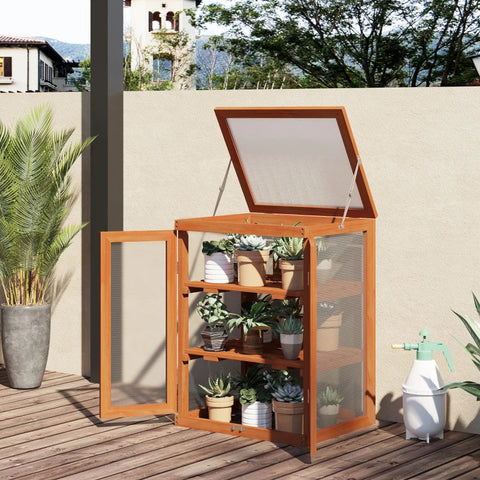 Rootz Greenhouse - Greenhouse With 2 Shelves - Retractable Roof - Transparent Housing - Wooden Frame - Orange - 58 x 44 x 78 cm