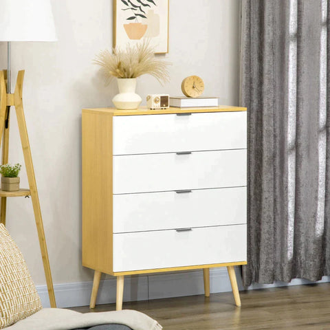 Rootz Chest Of Drawers - Dresser With Drawers - 4-drawer - Storage Organiser Unit - With Pine Wood Legs - White/Natural - 72 cm x 36 cm x 97 cm