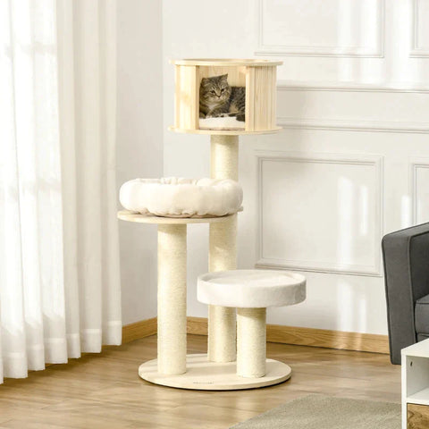 Rootz Scratching Post - Cat Tree - Climbing Tree - With Cat Cave - Sisal Posts - With Play Balls - Natural/Cream - 59.5 x 59.5 x 122 cm