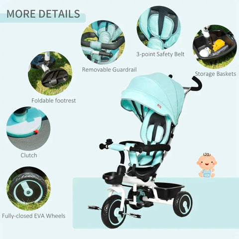 Rootz 2 In 1 Children's Tricycle - Jogger With Steering System - Rod Basket - Sun Canopy - Velvet Touch - Green - 100 x 48 x 106 cm