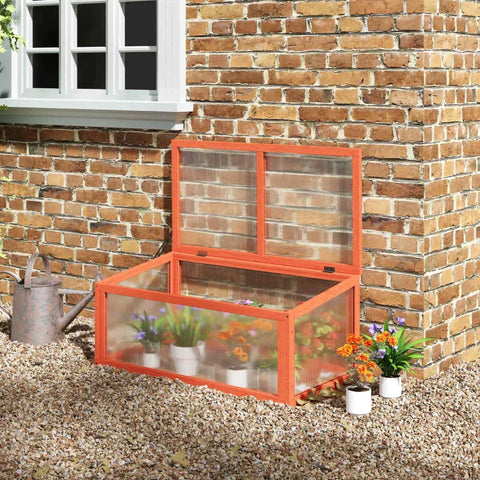 Rootz Greenhouse - Cold Frame Greenhouse - Cold Frame Box - Plant Bed With Cover - Wood And Polycarbonate - Weatherproof - Orange - 90 x 46 x 40 cm
