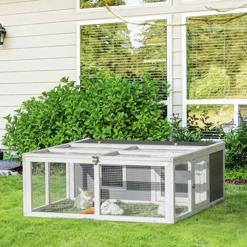 Rootz Small Animal Hutch - Rabbit Hutch - Animal Hutch - Animal Cages - Guinea Pig Hutch - Weatherproof - Fir Wood/White/Gray/Black - 120L x 105W x 46H cm