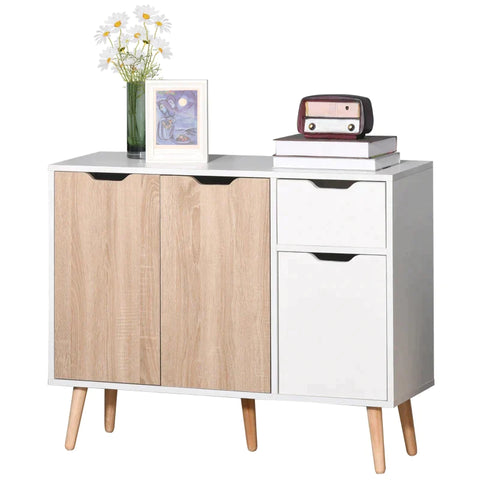 Rootz Sideboard - Sideboard With Cabinet And Drawers - Chest Of Drawers - Bedside Table - Side Cabinet In Scandinavian Design - Bedroom - Living Room - Home - Office - White And Natural - 90 x 30 x 72 cm