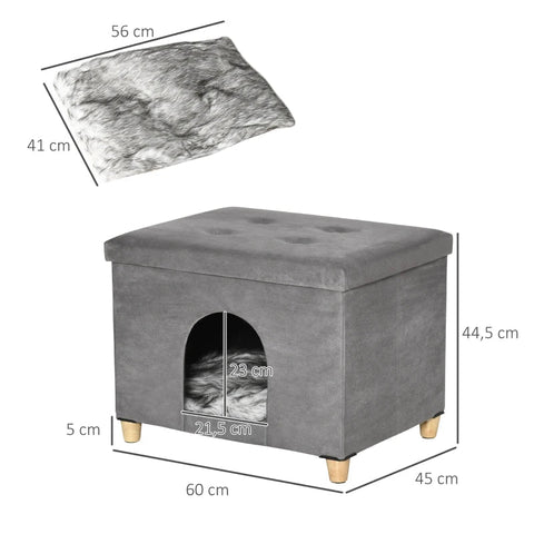 Rootz Cat Cave - Cat House - Cat Basket - 2-in-1 Cat Cave - With Cushion - Wooden Legs - Grey - 60 x 45 x 44.5 cm