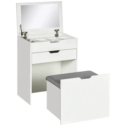 Rootz Cosmetic Table - Kaptafel - Met Spiegel - Kruk - Lade - Opbergruimte - Wit - 60 x 40 x 114cm