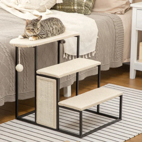 Rootz Cat Stairs - With Scratching Board - 3 Steps - Toy Ball - Robust - Steel + Sisal - Cream White + Black - 51 x 54 x 53 cm