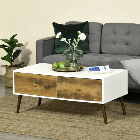 Rootz Coffee Table - Coffee Table With Two Drawers - Side Table - Storage Cabinet - Scandinavian-style - White/Brown - 100 cm x 53.5 cm x 45 cm