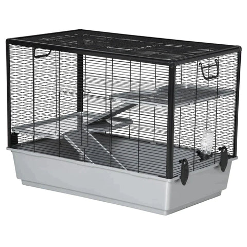 Rootz Small Animal Cage - Small Animal Hutch - Pets Cage - Small Animal Enclosure Rodent Cage - With Ramp - Steel/Aluminum - Plastic Black/Grey - 80 x 48 x 58 cm