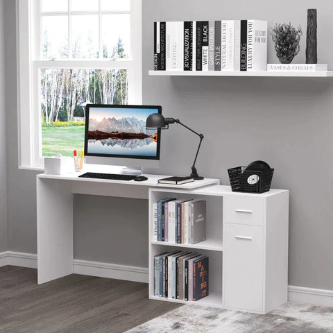 Rootz L-Shaped Desk - Computer Desk - Corner Desk - Storage Shelf And Drawer - White - 117x82x74 Cm